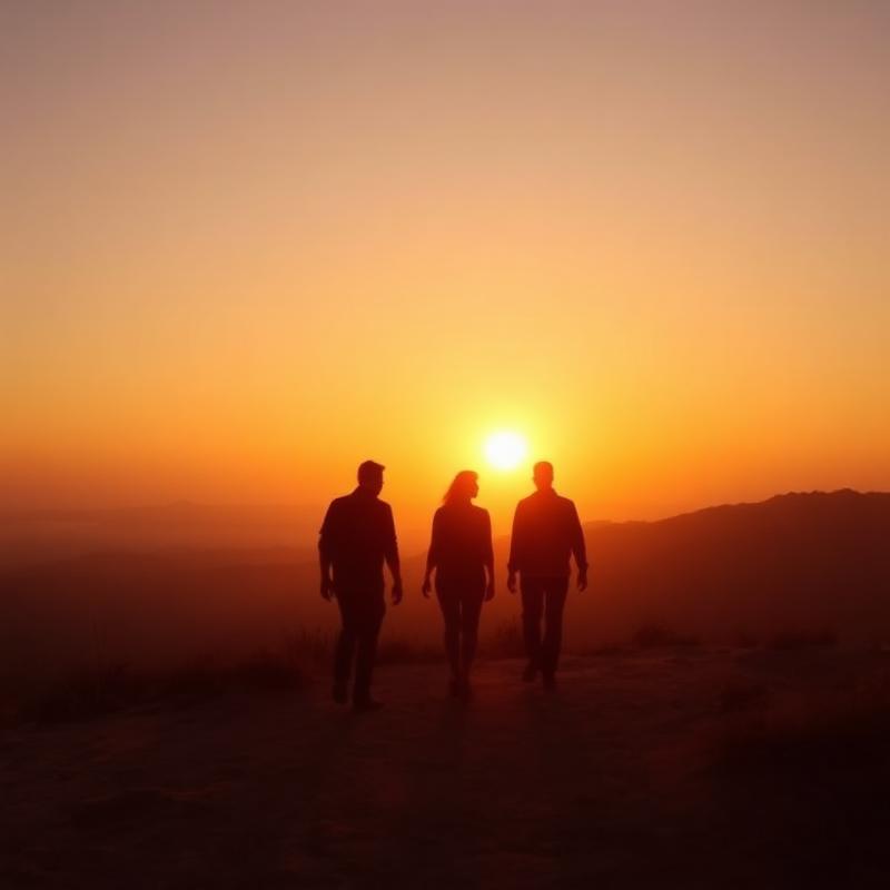 Group walking into sunrise