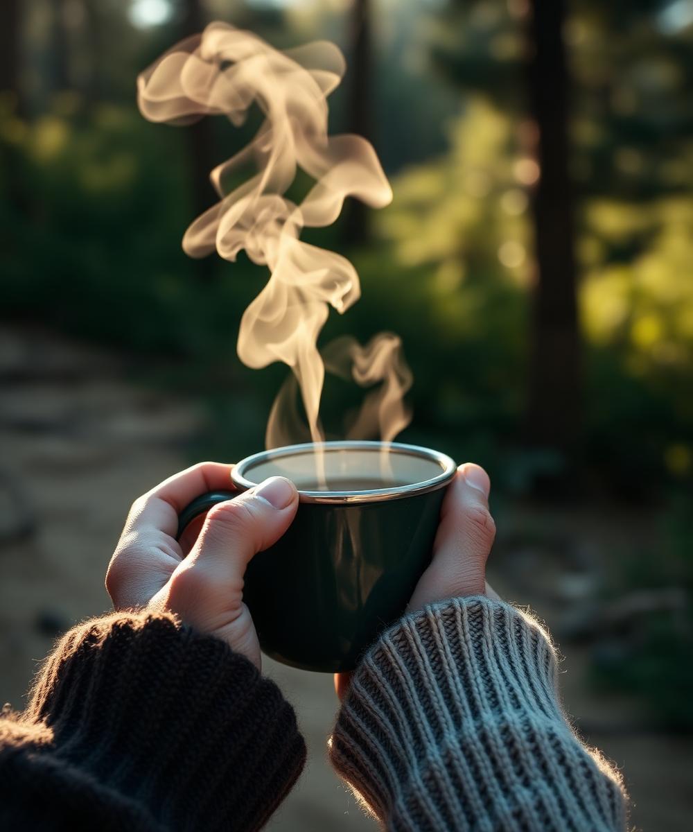 Hands holding a warm mug in nature